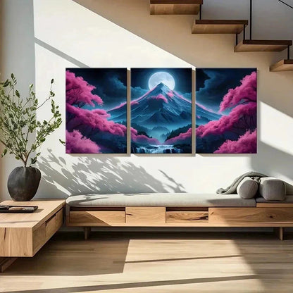 3pcs Mountain Under Full Moon Cherry Blossom Wall Art Set Canvas Framed 40x60cm - High Quality Print 100% Australian Made Wall Canvas Ready to Hang