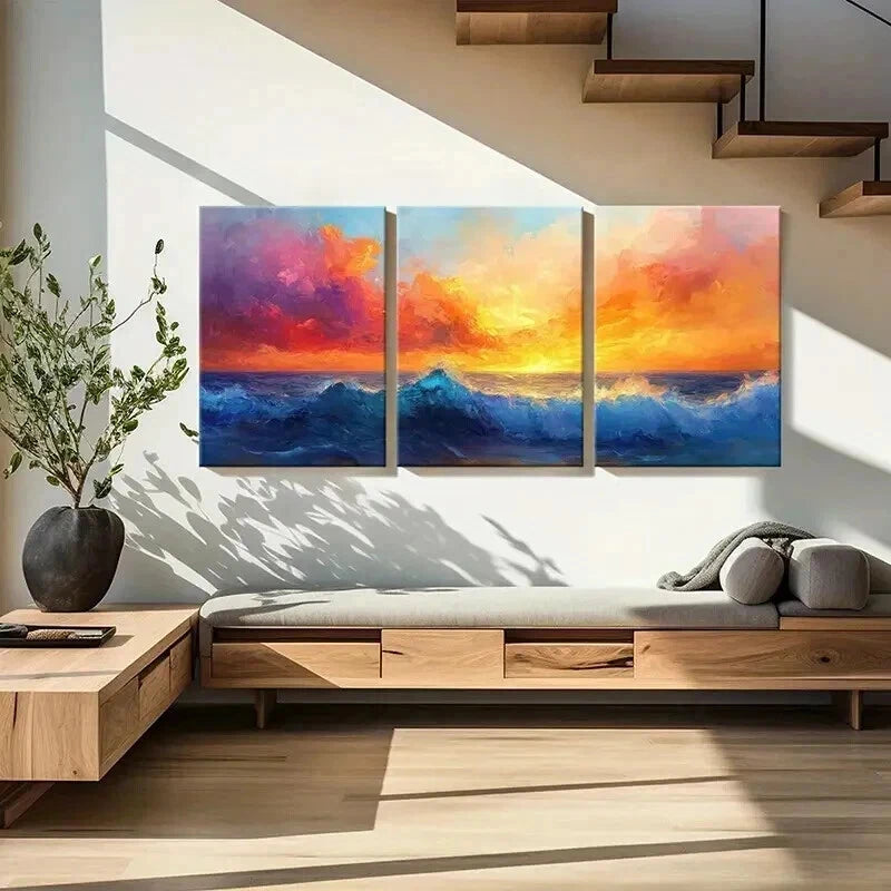 3pcs Sunset Ocean Waves Vibrant Sky Wall Art Set Canvas Framed 40x60cm - High Quality Print 100% Australian Made Wall Canvas Ready to Hang