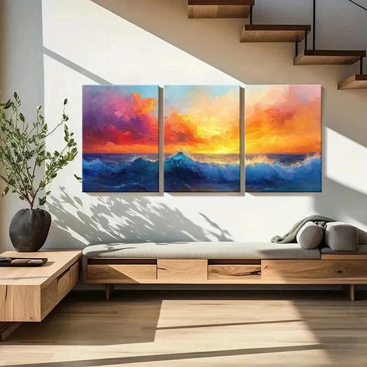 3pcs Sunset Ocean Waves Vibrant Sky Wall Art Set Canvas Framed 40x60cm - High Quality Print 100% Australian Made Wall Canvas Ready to Hang