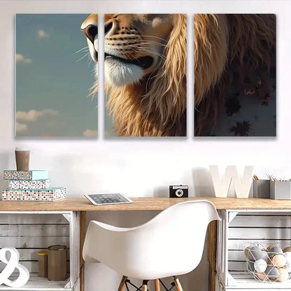 3pcs Majestic Lion Head in Sunset Hues Wall Art Set Canvas Framed 50x70cm - High Quality Print 100% Australian Made Wall Canvas Ready to Hang