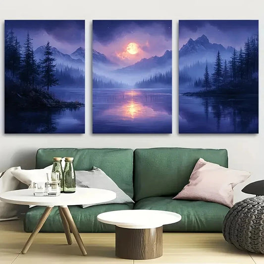 3pcs Purple Blue Nature and Moonlit Scenery Metal Print Ready to Hang Art