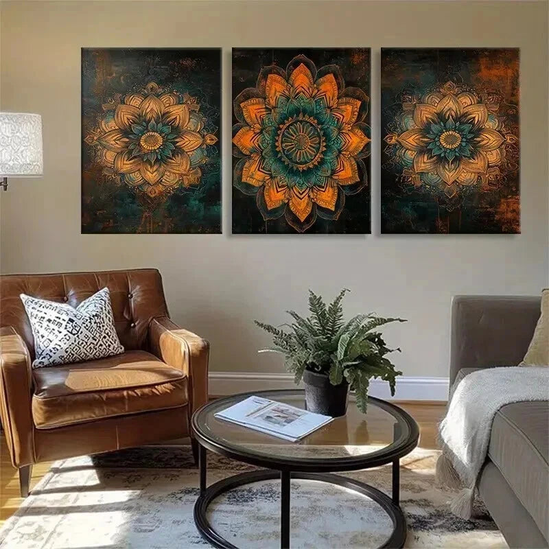 3pcs Mandala Flower Floral Mandala Teal Perfect Wall Art Set Canvas Framed 50x70cm - High Quality Print 100% Australian Made Wall Canvas Ready to Hang