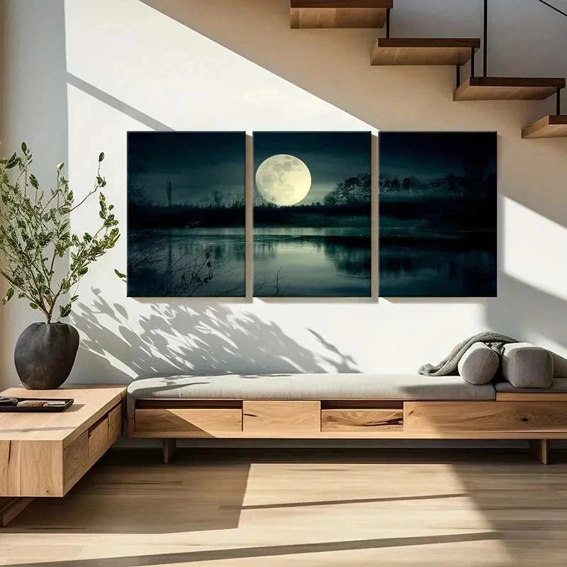 3pcs Full Moon at Night Scene Decoration Wall Art Set Canvas Framed 60x90cm - High Quality Print 100% Australian Made Wall Canvas Ready to Hang