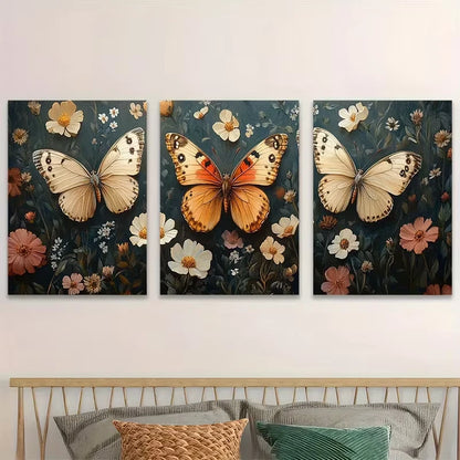 3pcs Victorian Butterfly Elegant Wildflowers Wall Art Set Canvas Framed 50x70cm - High Quality Print 100% Australian Made Wall Canvas Ready to Hang
