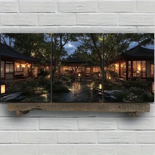 3pcs Serene Nighttime Estate Scene Metal Print Ready to Hang Art