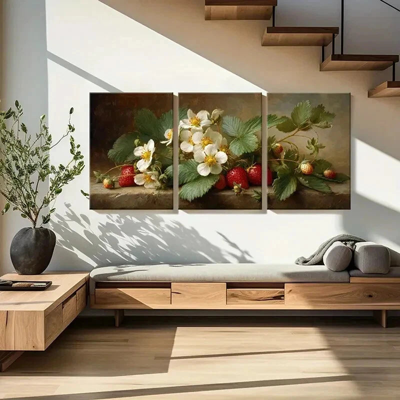 3pcs Strawberry Blossoms & White Flowers Metal Print Ready to Hang Art