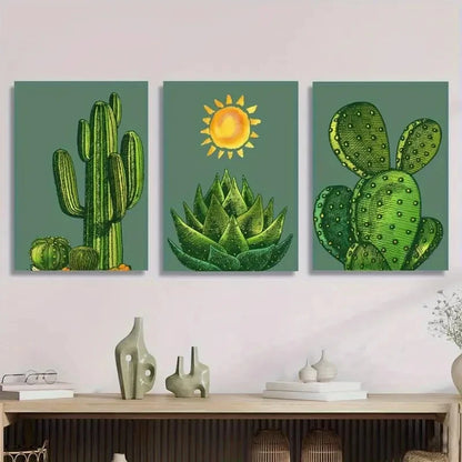3pcs Green Saguaro & Prickly Pear Designs Metal Print Ready to Hang Art