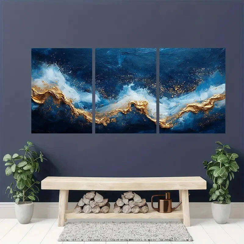 3pcs Blue and Golden Abstract Blue and White Metal Print Ready to Hang Art
