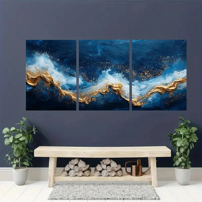 3pcs Blue and Golden Abstract Blue and White Metal Print Ready to Hang Art