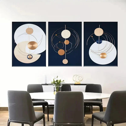 3pcs Modern Geometric Blue Golden & White Metal Print Ready to Hang Art