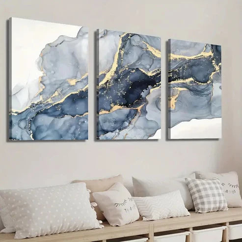 3pcs Blue & Golden Marble Texture Decor Wall Art Set Canvas Unframed - High Quality Print 100% Australian Made Wall Canvas