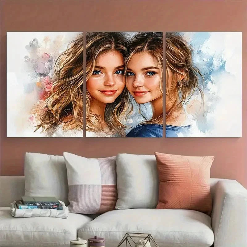 3pcs Mother Daughter Illustration Metal Print Ready to Hang Art