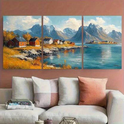3pcs Vibrant Norway Landscape with Red Houses Metal Print Ready to Hang Art