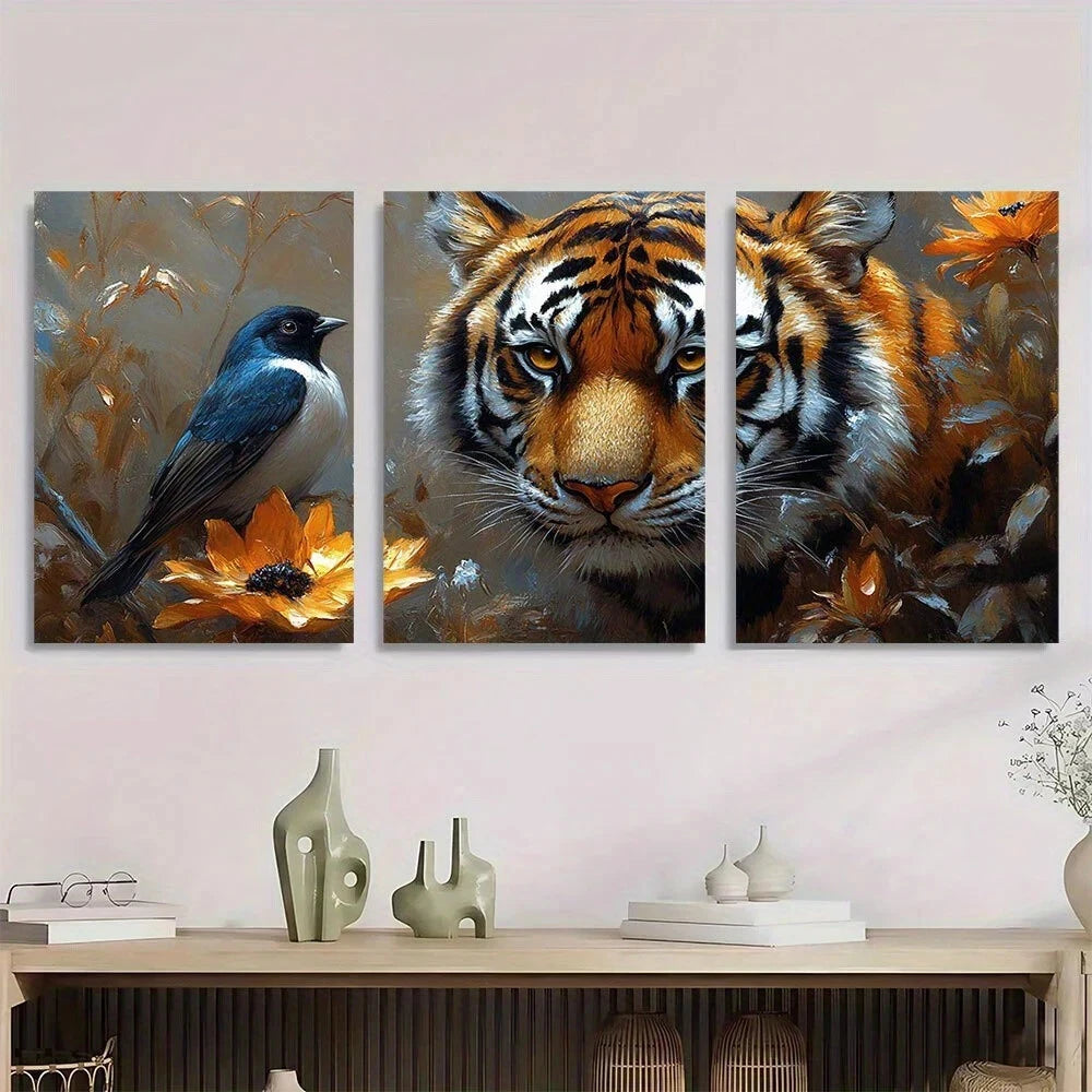3pcs Tiger And Blue Bird Magpie Metal Print Ready to Hang Art