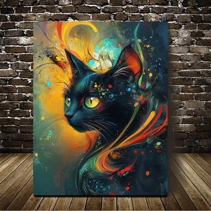 Abstract Art Merry Black Cat Painting 40x60cm Metal Print Ready to Hang