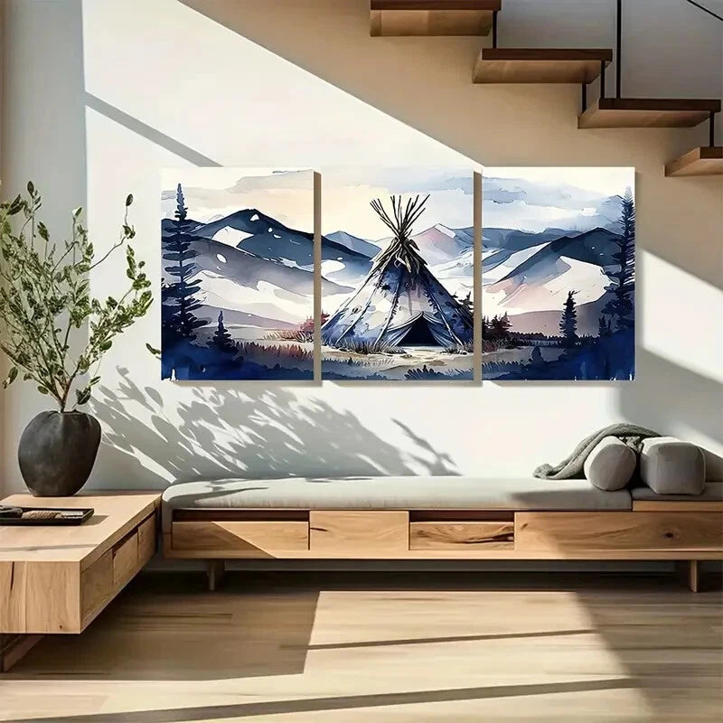 3pcs Blue Mountain Native Tip Modern & Rustic Metal Print Ready to Hang Art