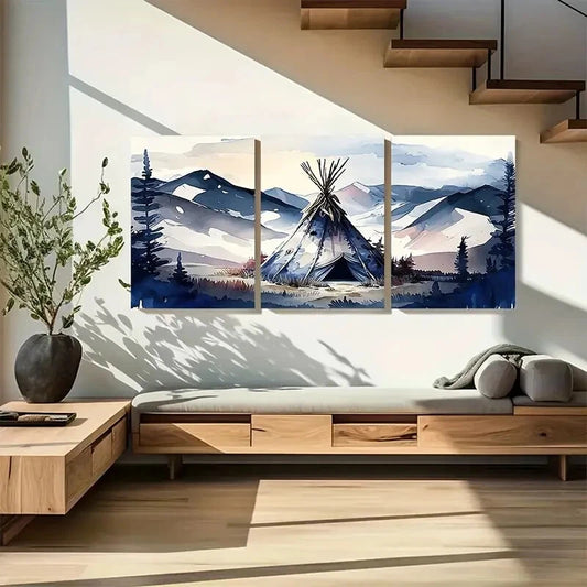 3pcs Blue Mountain Native Tip Modern & Rustic Metal Print Ready to Hang Art