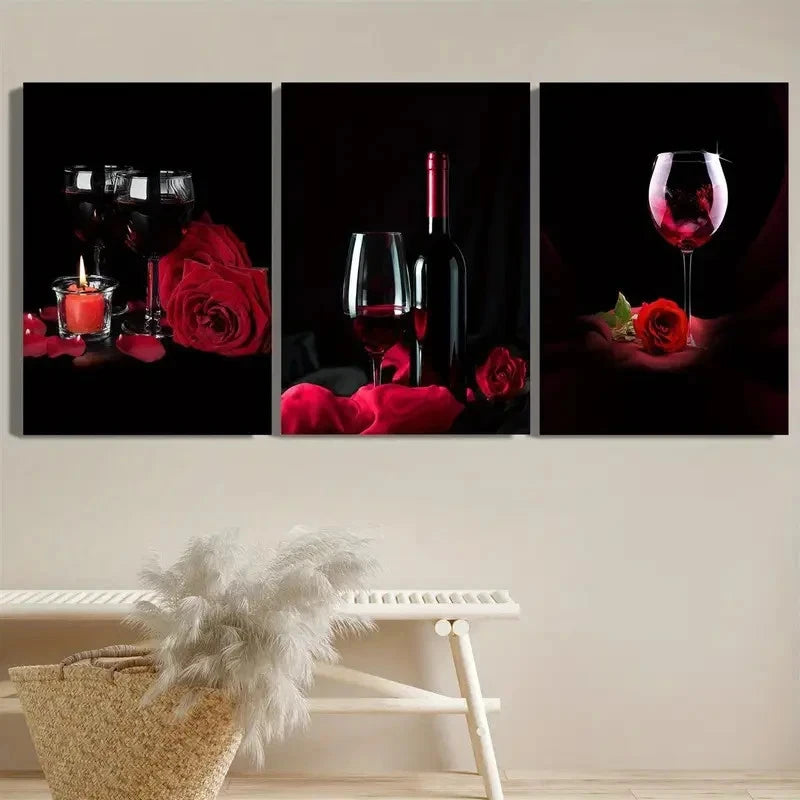 3pcs Wine Glass and Rose Red Wine Bar Metal Print Ready to Hang Art