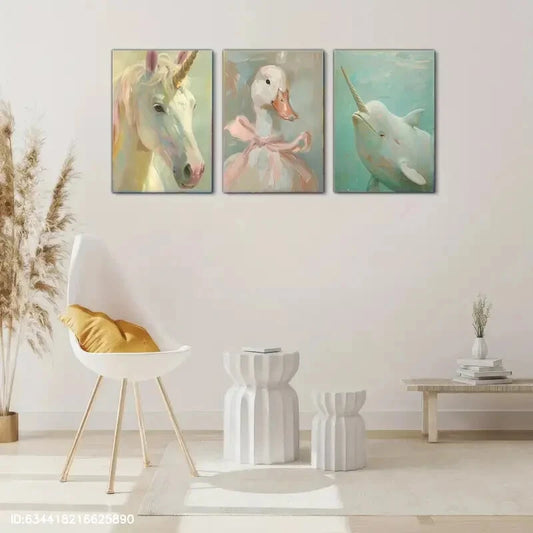 3pcs Duck Pink Bow Pastel Tones Vintage Metal Print Ready to Hang Art