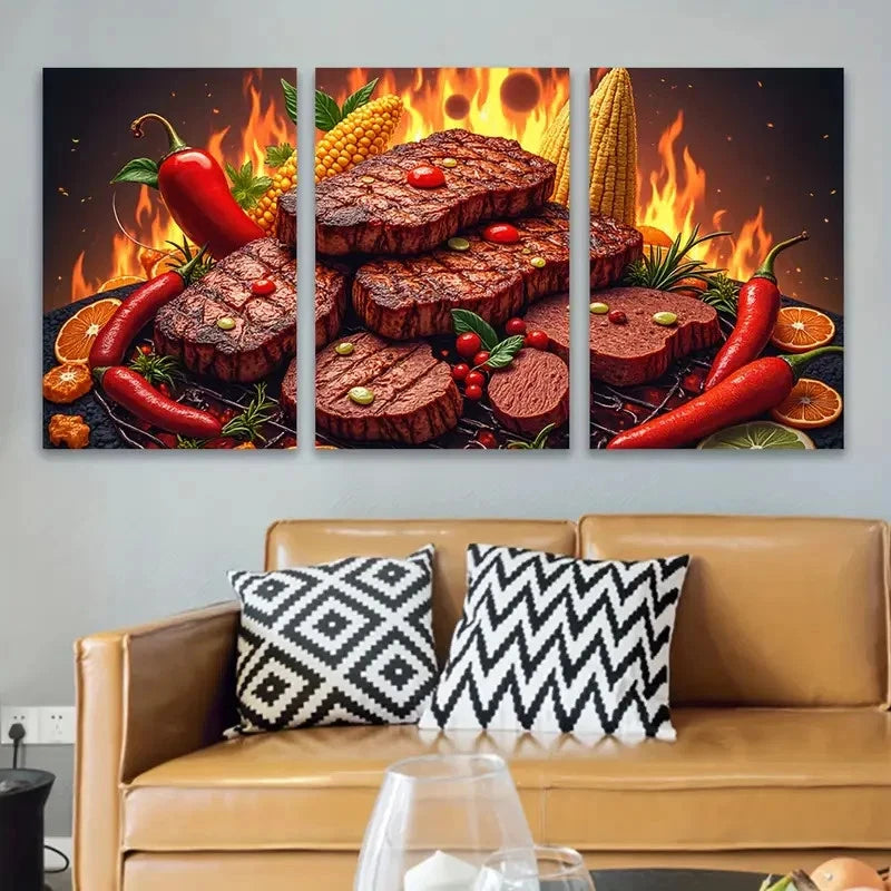 3pcs Grilled Steak With Peppers And Citrus Wall Art Set Canvas Framed 40x60cm - High Quality Print 100% Australian Made Wall Canvas Ready to Hang