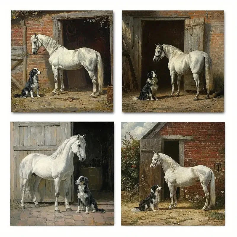 4pcsWhite Horse and Border Colli Wall Art Canvas Framed