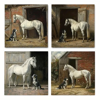 4pcsWhite Horse and Border Colli Wall Art Canvas Framed