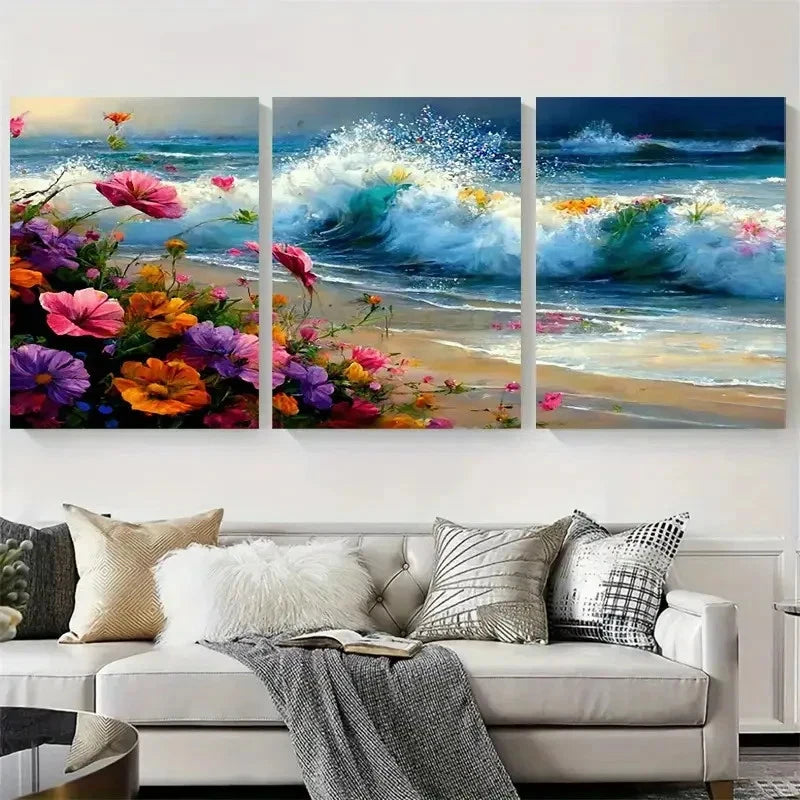 3pcs Vibrant Floral Seashore Wave Metal Print Ready to Hang Art