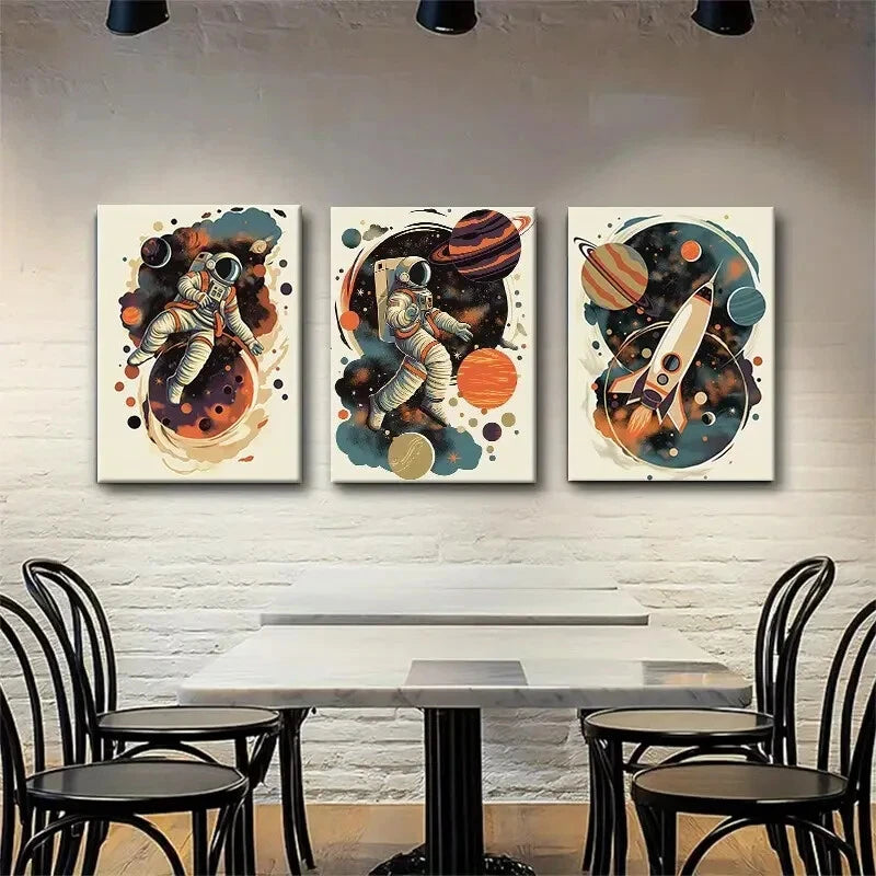 3pcs Astronauts Planets & Rockets Vibrant Ink Metal Print Ready to Hang Art