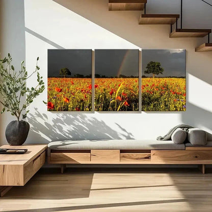 3pcs Vibrant Flower Field & Rainbow Landscape Wall Art Set Canvas Framed 40x60cm - High Quality Print 100% Australian Made Wall Canvas Ready to Hang