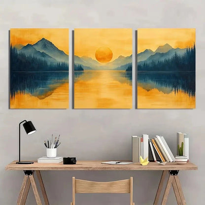 3pcs Serene Mountain Lake Scene Golden Wall Art Set Canvas Framed 40x60cm - High Quality Print 100% Australian Made Wall Canvas Ready to Hang