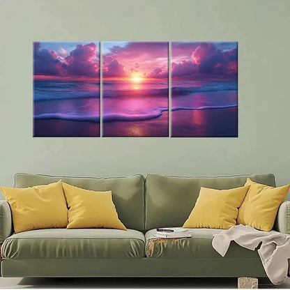 3pcs Beach Sunrise Cotton Candy Pink Perfect Wall Art Set Canvas Framed 40x60cm - High Quality Print 100% Australian Made Wall Canvas Ready to Hang