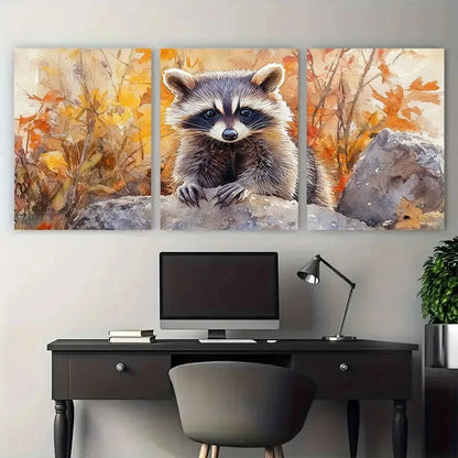 3pcs Raccoon Watercolour Animal Illustration Wall Art Set Canvas Framed 50x70cm - High Quality Print 100% Australian Made Wall Canvas Ready to Hang