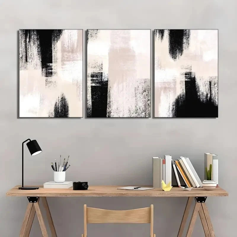 3pcs Featuring Abstract Art in Black And Beige Metal Print Ready to Hang Art