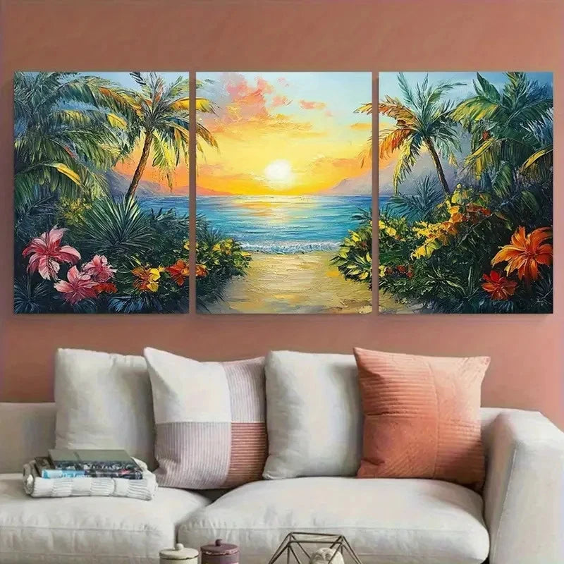 3pcs Tropical Sunset Vibrant Coastal Garden Scene Metal Print Ready to Hang Art