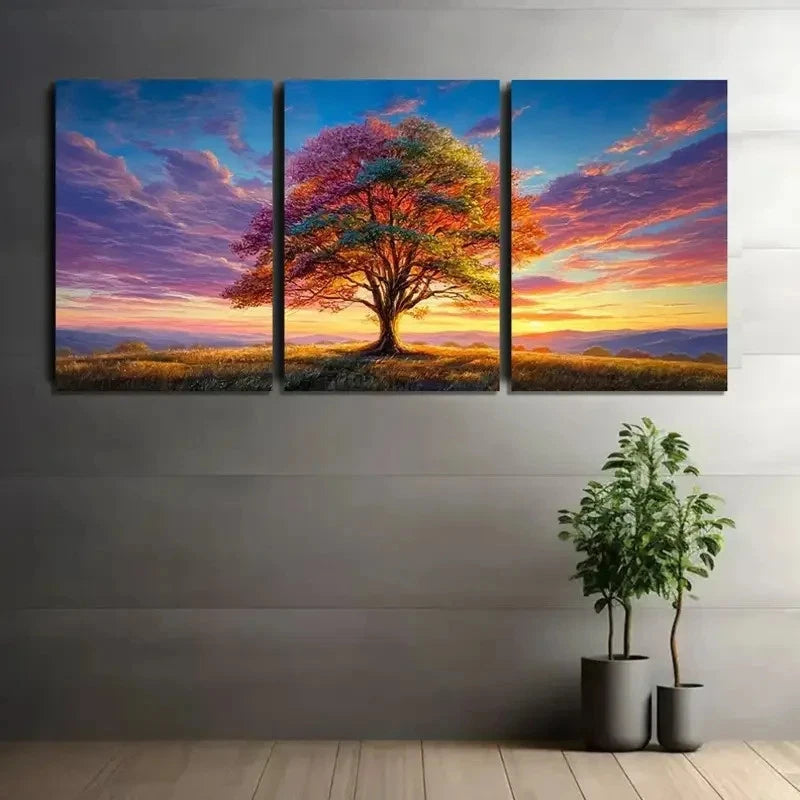 3pcs Vibrant Tree in Open Field Art Painting Metal Print Ready to Hang Art