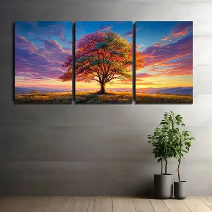 3pcs Vibrant Tree in Open Field Art Painting Metal Print Ready to Hang Art