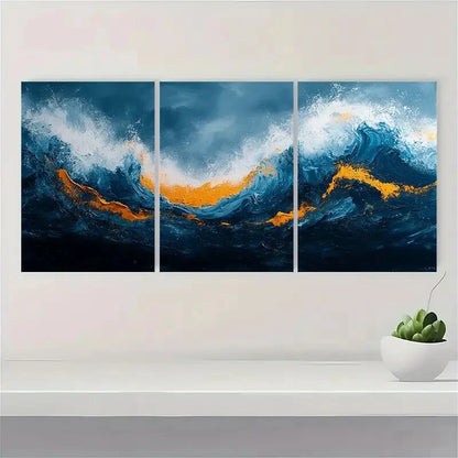 3pcs Teal Blue & White Ochre Giclee Wall Art Metal Print Ready to Hang Art