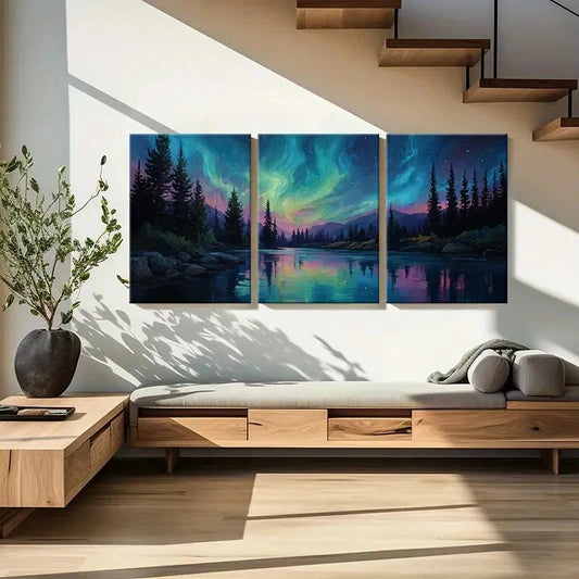 3pcs Serene Night Sky & Pine Tree Landscape Metal Print Ready to Hang Art