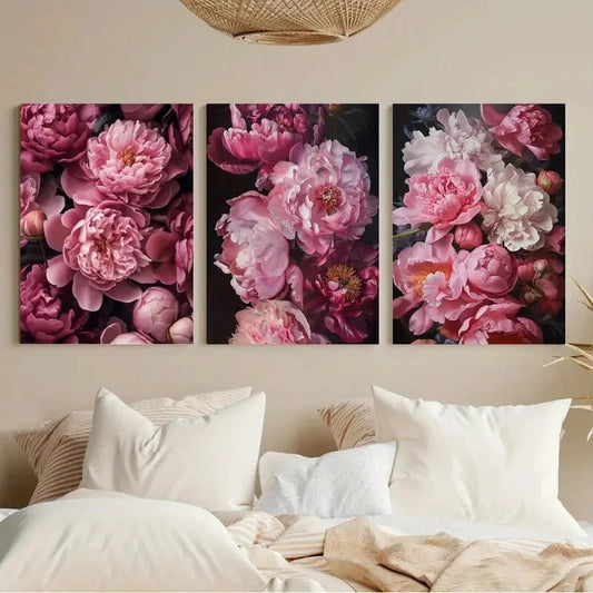 3pcs Dark Moody Peony Bold Botanical Floral Metal Print Ready to Hang Art'