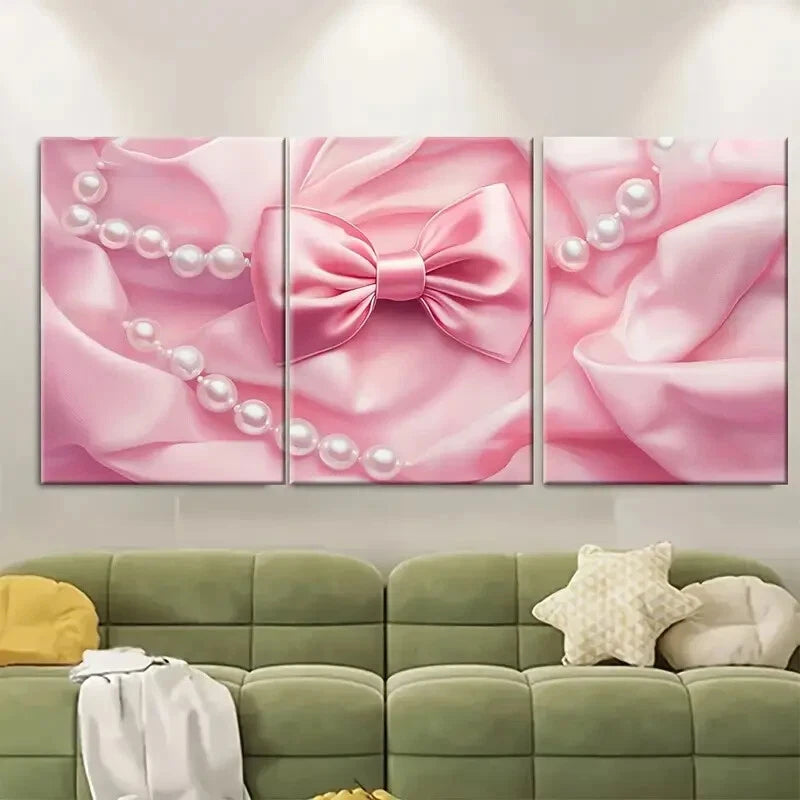 3pcs Aesthetic Pink Bow and Pearl Illustration Metal Print Ready to Hang Art