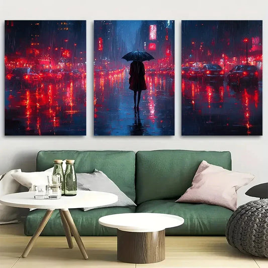 3pcs Abstract Rainy Night Metal Print Ready to Hang Art