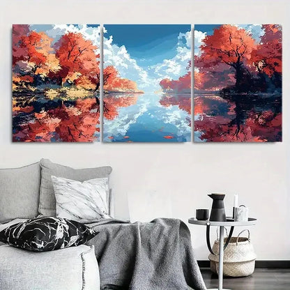 3pcs Red Trees and Sky Nature Reflection Metal Print Ready to Hang Art