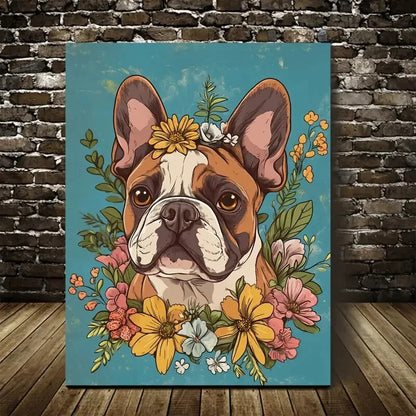 Cute Bulldog with Flowers Vibrant Floral Crown Dog 40x60cm Metal Print Ready to Hang