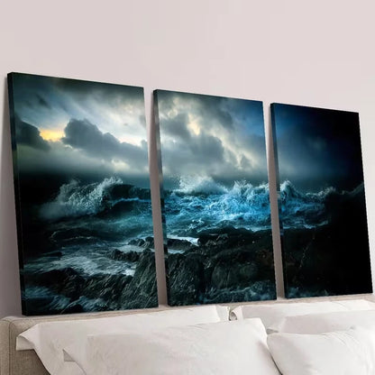 3pcs Dark Blue & Black Night Ocean Waves  Wall Art Set Canvas Framed 60x90cm - High Quality Print 100% Australian Made Wall Canvas Ready to Hang