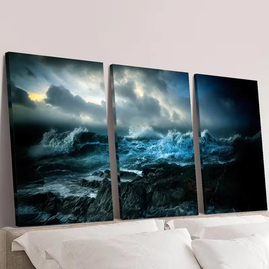 3pcs Dark Blue & Black Night Ocean Waves  Wall Art Set Canvas Framed 60x90cm - High Quality Print 100% Australian Made Wall Canvas Ready to Hang