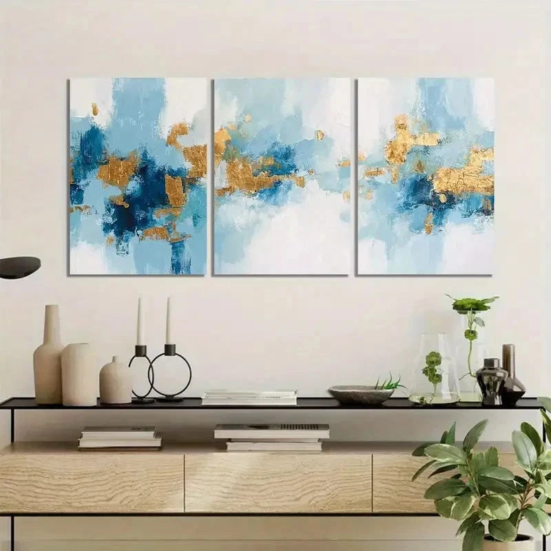 3pcs Abstract Art Blue And Golden Painting Metal Print Ready to Hang Art