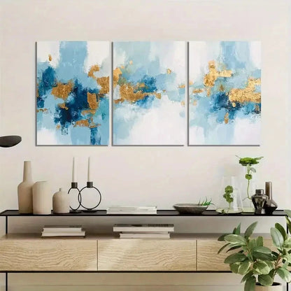 3pcs Abstract Art Blue And Golden Painting Metal Print Ready to Hang Art