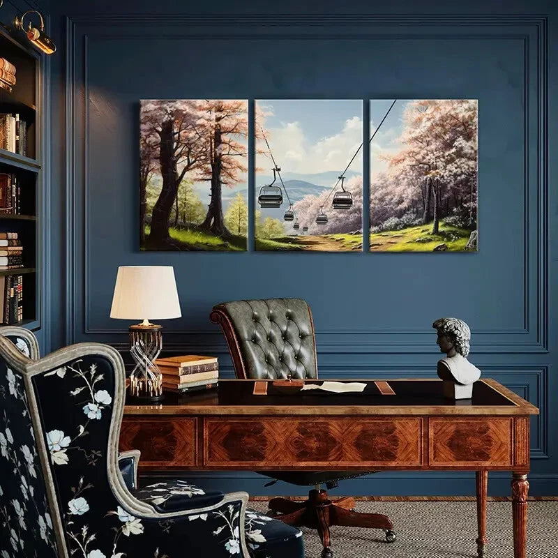 3pcs Sakura Cable Car Mountain View Forest Metal Print Ready to Hang Art