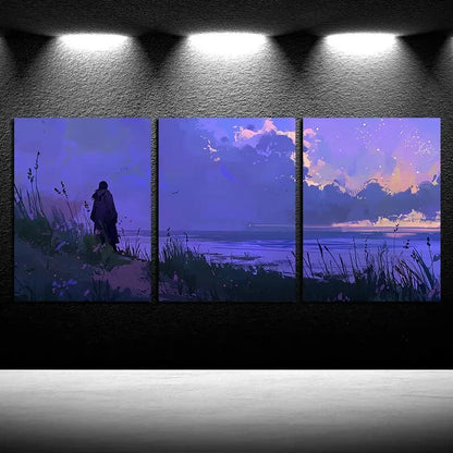 3pcs Vibrant Girl on The Beach Purple Illustration Metal Print Ready to Hang Art