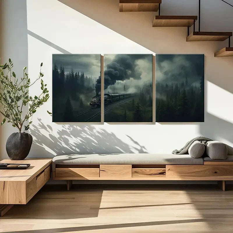 3pcs Misty Forest Steam Train Dark Sky Metal Print Ready to Hang Art